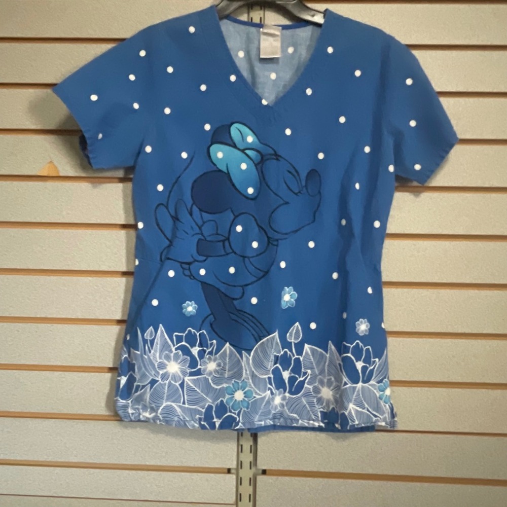 Disney Minnie Mouse Blue Polka Dot Floral V-Neck‎ Medical Scrub Top Womens XS